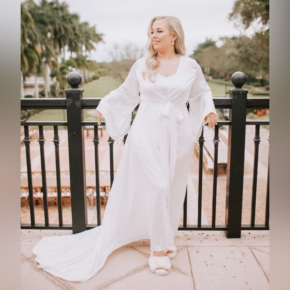Long white bridal robe with train, luxury robe for women